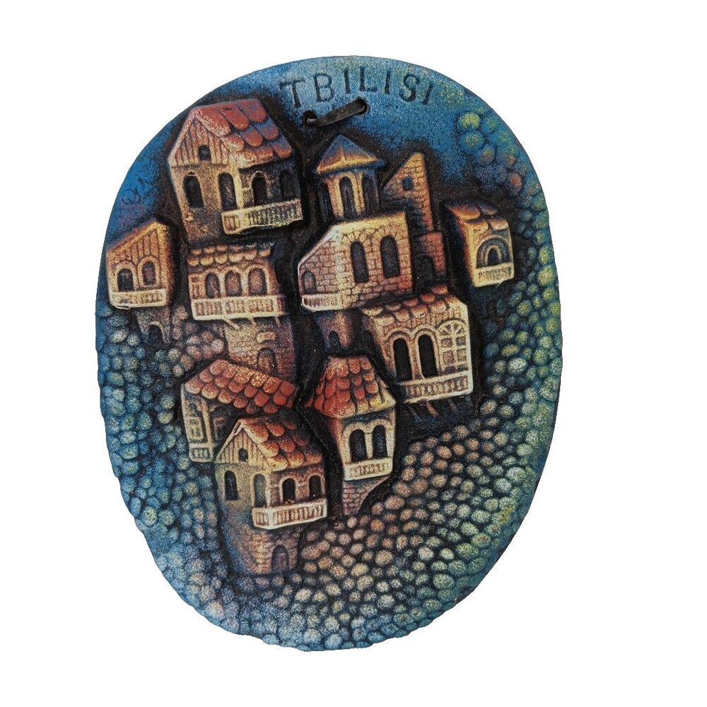 Tbilisi City Scape Souvenir Plaque 3 Dimensional Red Clay Pottery Wall Art